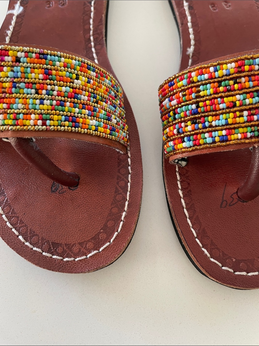 Hand Made in Kenya Brown Leather Beaded Slide Sandals - Multicolor Seed Beads 39